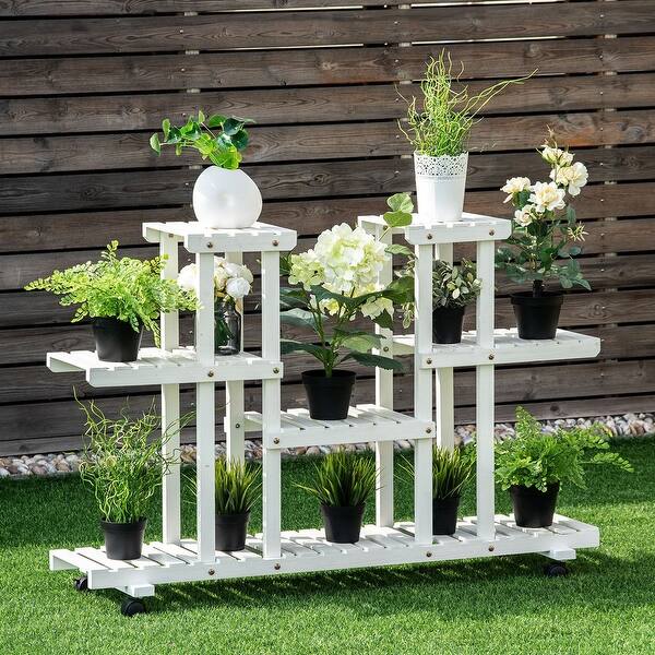 Shop Costway 4 Tier Rolling Flower Rack Wood Plant Stand Casters