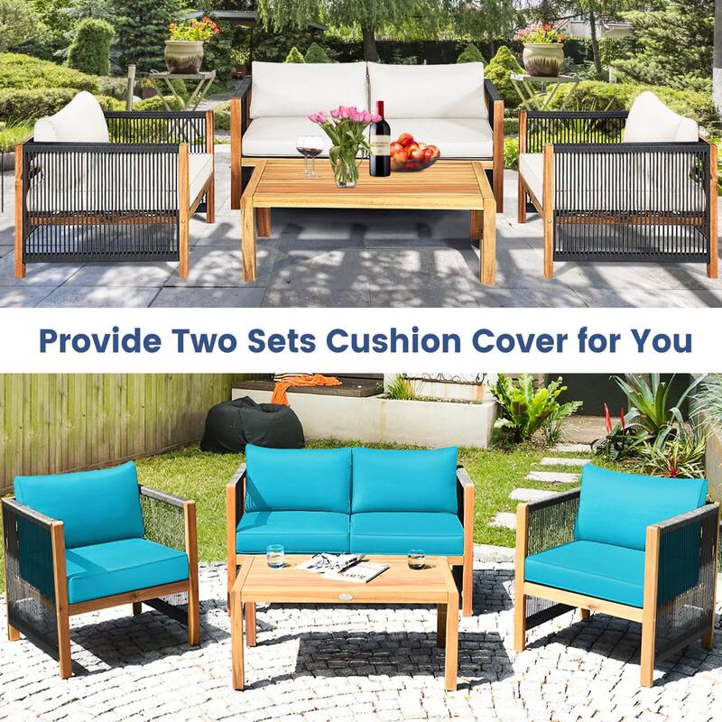 Costway 4 PCS Wood Outdoor Patio Furniture Set with Cushions White Red - See Details