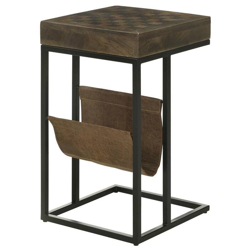 27 Inch Chess Side Table, Drawer, Magazine Holder, Tobbaco Brown Mango Wood