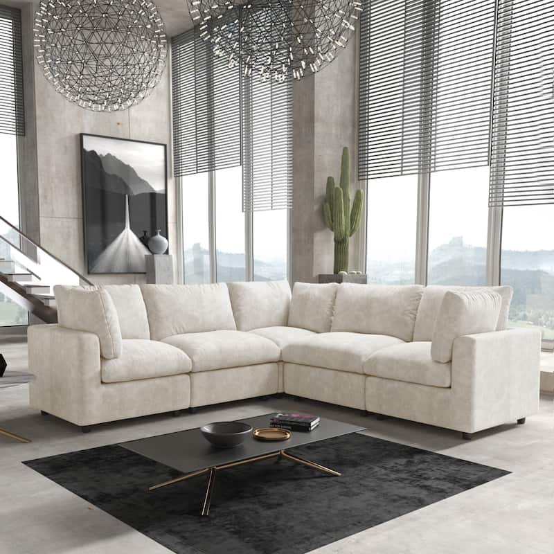 Corner Sofa Minimalist Upholstered Cushion Sofa Chenille Modular Sectional Couch - Beige