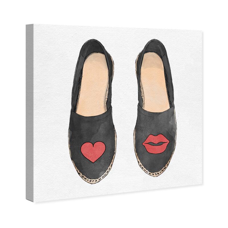 Wynwood Studio Canvas Fashion and Glam Heart And Kiss Slippers Black and Light Red Glam Wall Art Canvas Print