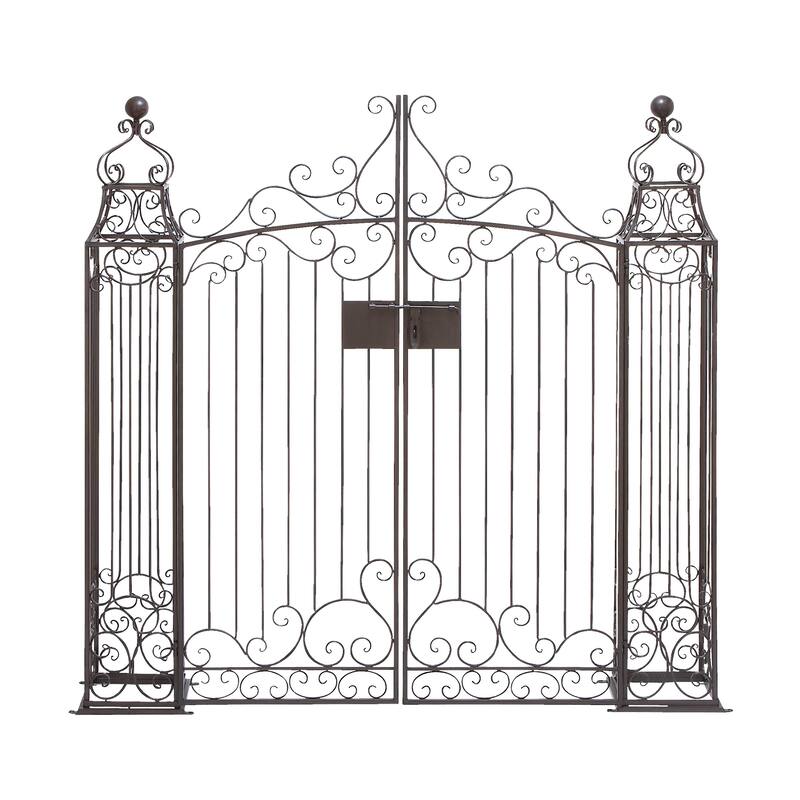 Dark Brown Metal Indoor Outdoor Scrollwork Arched Gate Garden Arbor with Pillars and Latch Lock Closure