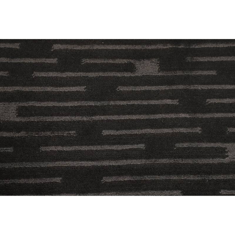 Striped Black Nepalese Indian Area Rug Hand-Knotted Wool Carpet - 9'0" x 11'8"