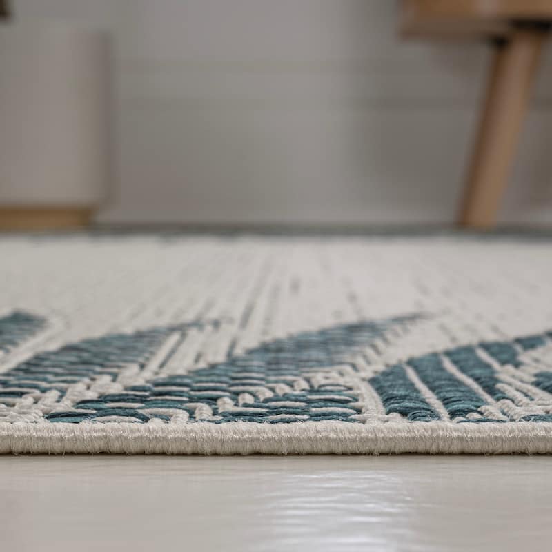 JONATHAN Y Beckett Coastal Cottage Palm Frond Border Blue/Cream Indoor/Outdoor Area Rug