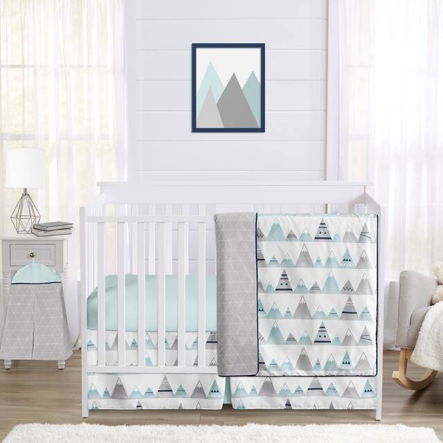Sweet Jojo Designs Navy Blue, Aqua & Grey Aztec Mountains Collection Baby Boy or Girl Unisex 4-piece Bumperless Crib Bedding Set