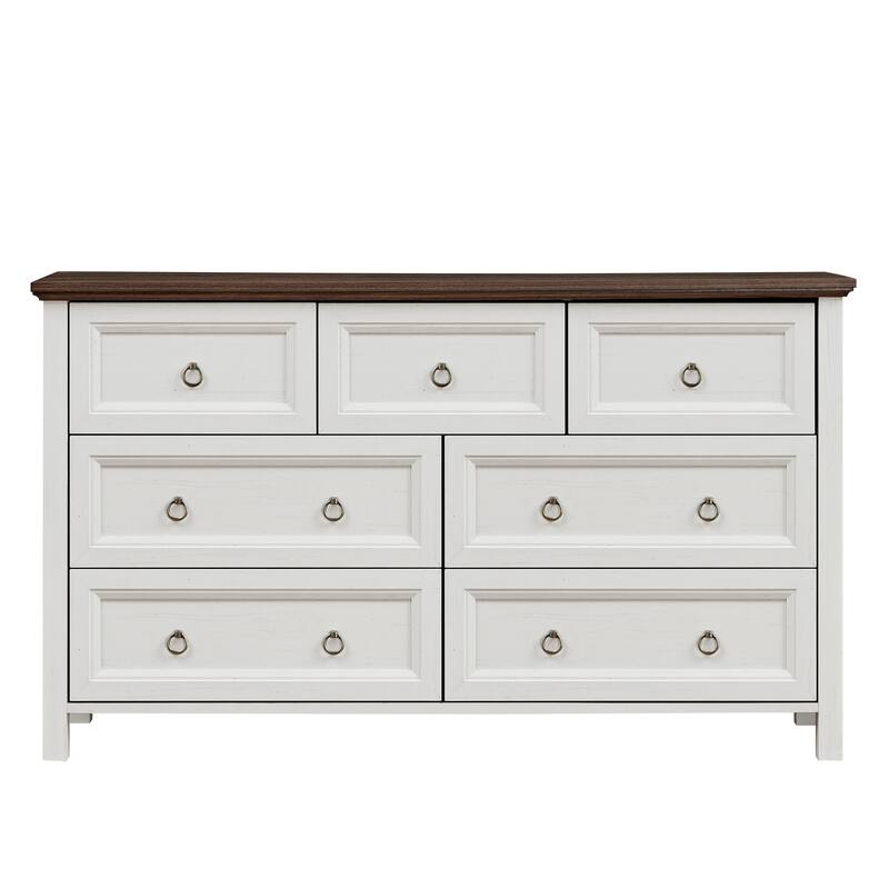 Farmhouse Style 7-Drawer Horizontal Dresser with Rustic Wood Wide Finish and Metal Ring Handle