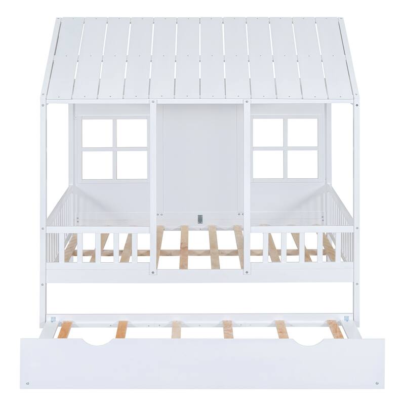 House Platform Bed With Twin Trundle, Wooden Daybed Frame with Rails, Roof and Windows, for Kids Girls Boys