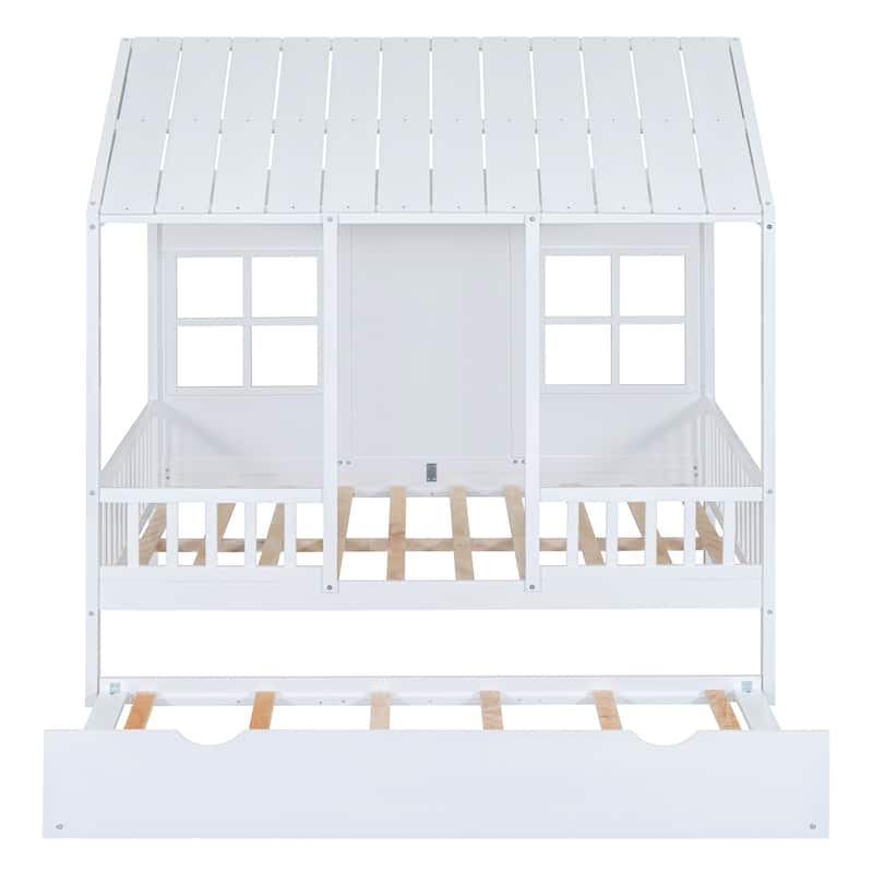 Roomfitters Full/Twin Size Wood House Bed with Twin Trundle, Modern Daybed Frame with Roof Design