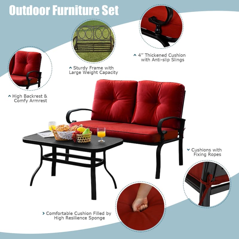 Gymax 2PCS Patio Loveseat & Table Set Conversation Sofa Set w/ Red