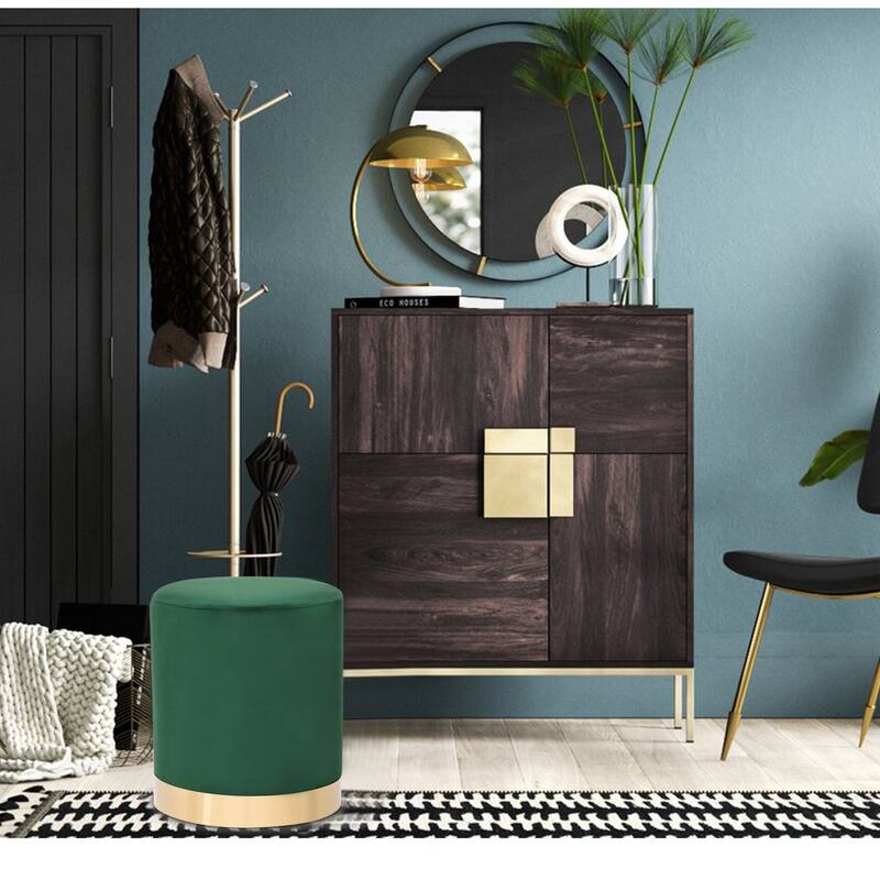 Adeco Round Ottoman Footstool Velvet Padded Vanity Stool Gold Trim