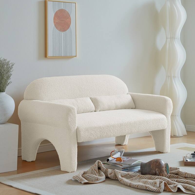 Modern Lambs Wool Fabric Loveseat Sofa with Lumber Pillows for Living Room