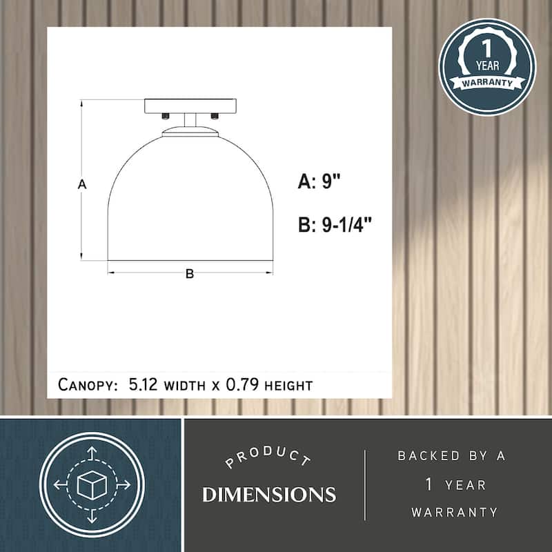 VAXCEL Shelby 1-Light 9.25 in. Wide Dome Semi Flush Mount Ceiling Lighting Fixture, Frosted White Opal Glass Shade