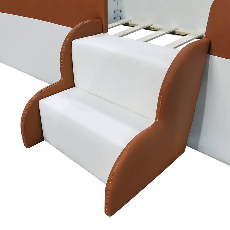 Roomfitters Twin/Full/Queen/King Size Upholstered Daybed Frame with Safety Fence and Stairs, PU Fabric Platform Bed with Slats