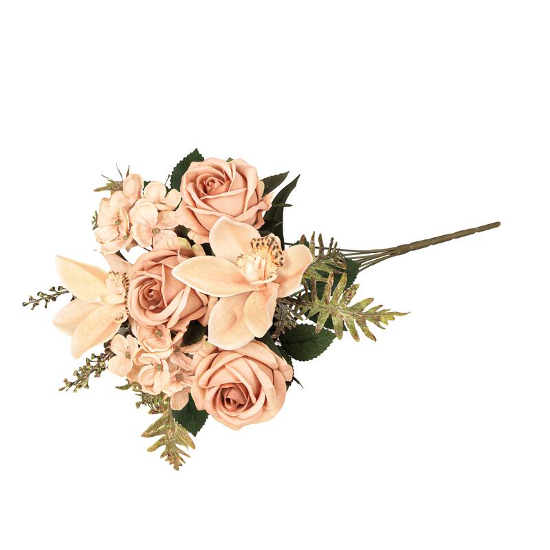 Set of 2 Light Cafe Artificial Mixed Rose Cymbidium Orchid Hydrangea Flower Stem Bush Bouquet 16in - 16" L x 9" W x 9" DP