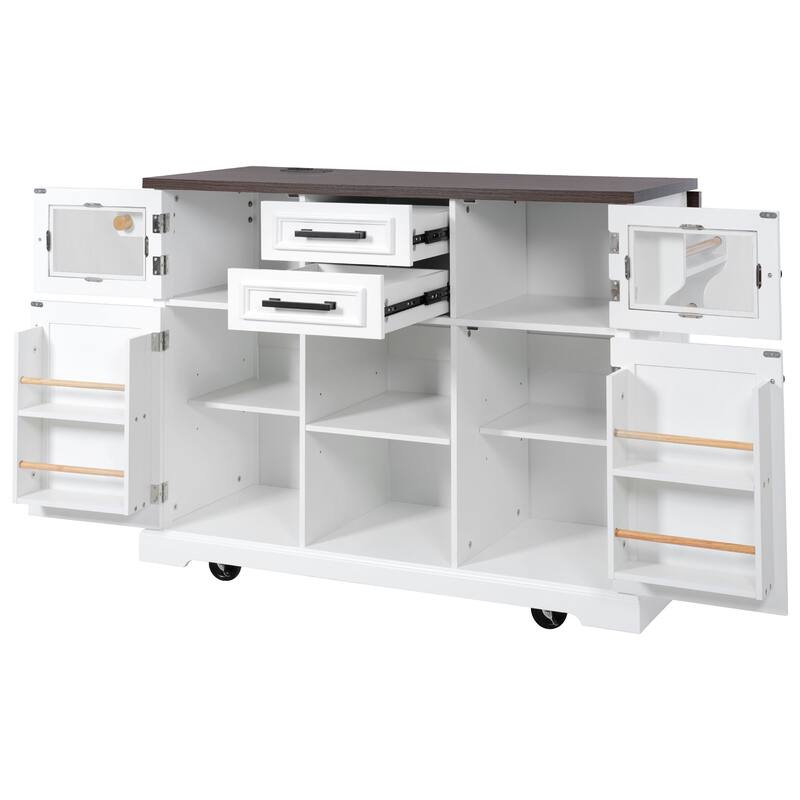 54.9" Kitchen Island with Drop Leaf, Power Outlet, with 4 Door Shelves, Cross Barn Doors & Visual Glass Door on 4 Wheels
