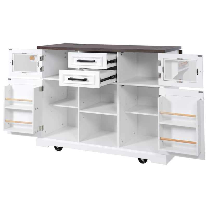 54.9"Kitchen Island with Drop Leaf, 4 Door Shelves, Cross Barn Doors & Visual Glass Door, Rolling Kitchen Island on 4 Wheels