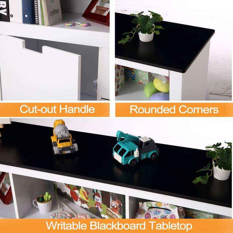 Wooden Toy Organizer Bins with Movable Drawers & Blackboard Top Kids Bookshelf