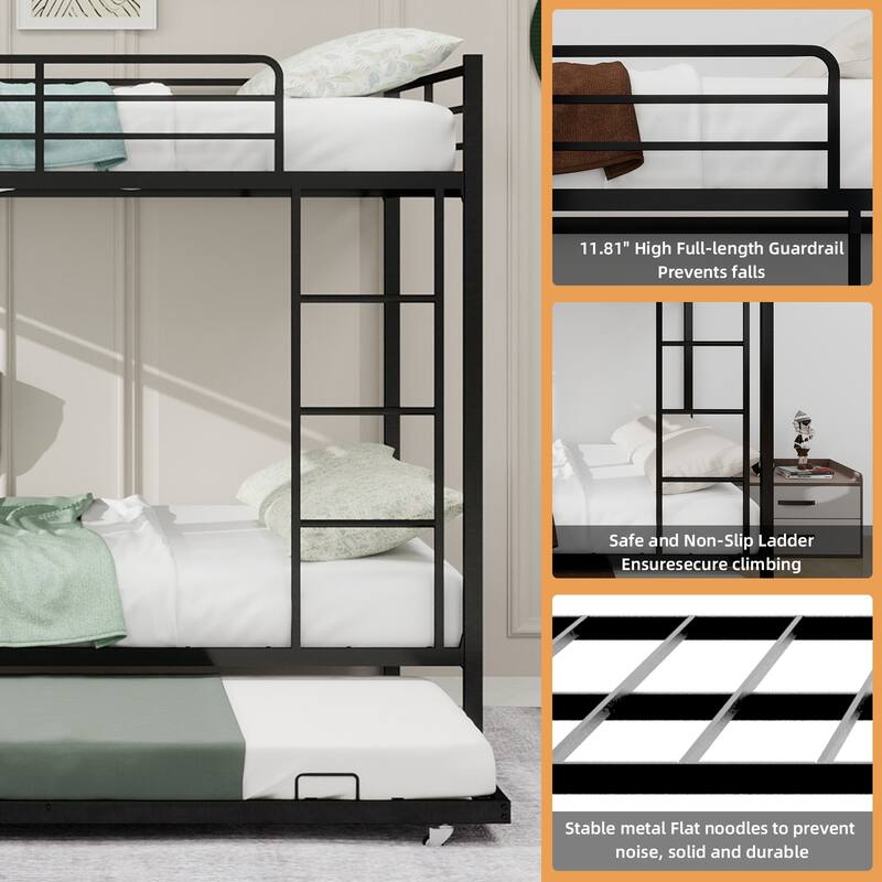 Durable Iron Bunk Bed with Twin Over Full Design, Trundle, Safety Rails, Ladder & Space-Saving Modern Metal Frame