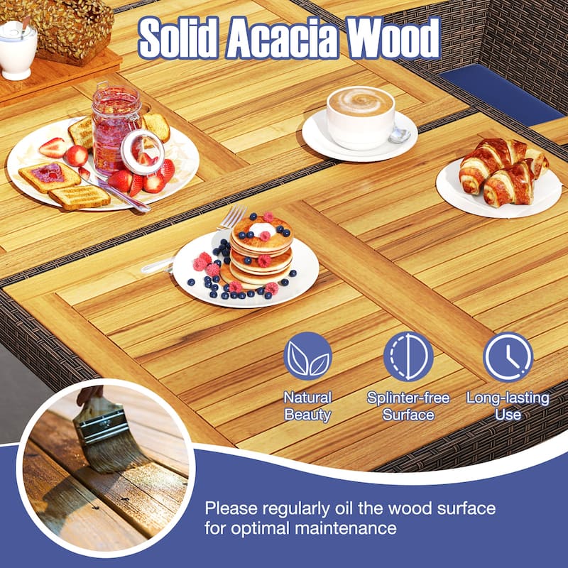 Gymax 9 Pieces Patio PE Wicker Dining Set Outdoor Acacia Wood Table &
