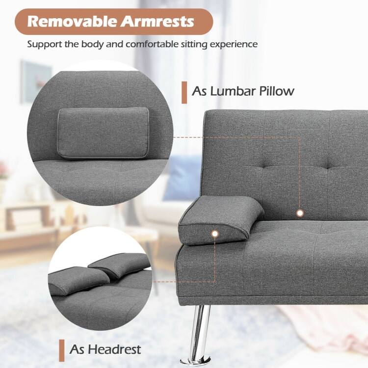 Convertible Folding Futon Sofa Bed Fabric with 2 Cup Holders - 66" x 31.5" x 29.5"