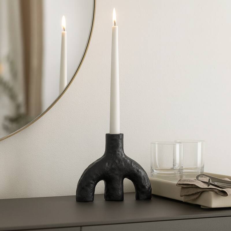 Textured Creamic Taper Candle Holder with Double Arched - Black - 7.0"