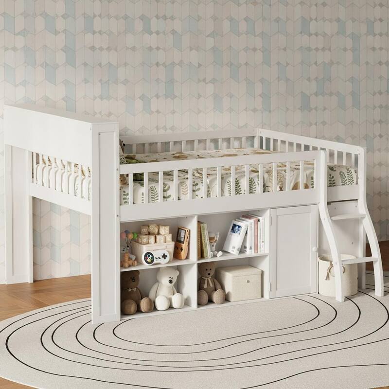 Loft Bed with Integrated LED Headboard, Spacious Storage & Cabinet by Harper&Bright Designs - White - Full