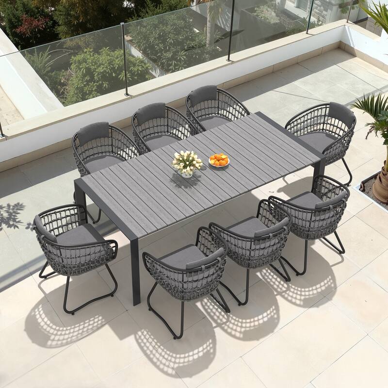 7/9-Piece Outdoor Premium Aluminum Dining Table with Umbrella Hole and PE Rattan Chairs