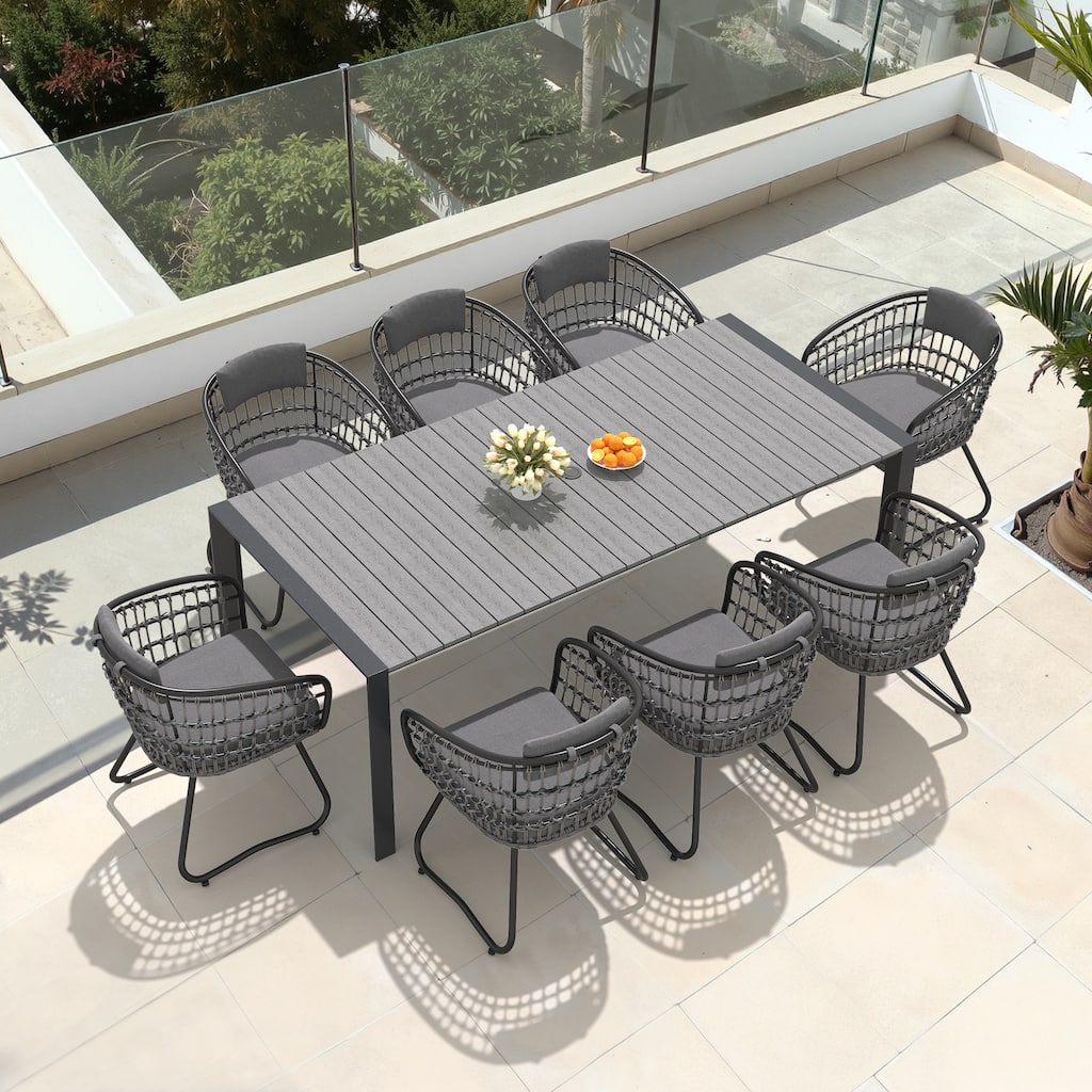 7/9-Piece Outdoor Premium Aluminum Dining Table with Umbrella Hole and PE Rattan Chairs