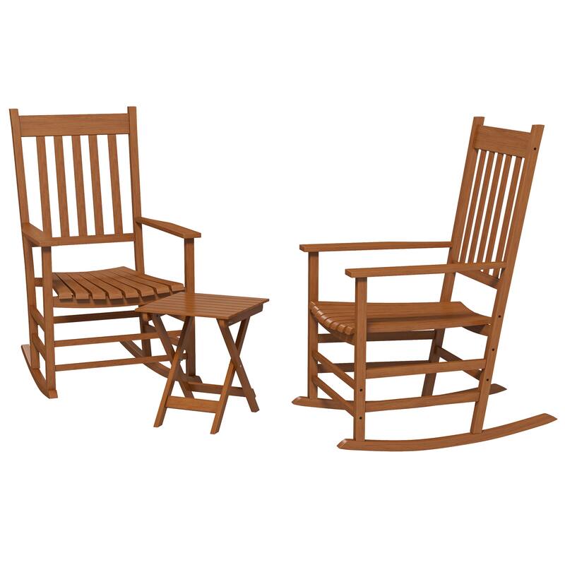 Outdoor Rocking Chair Set of 2 with Side Table, Patio Wooden Rocking Chair - Natural