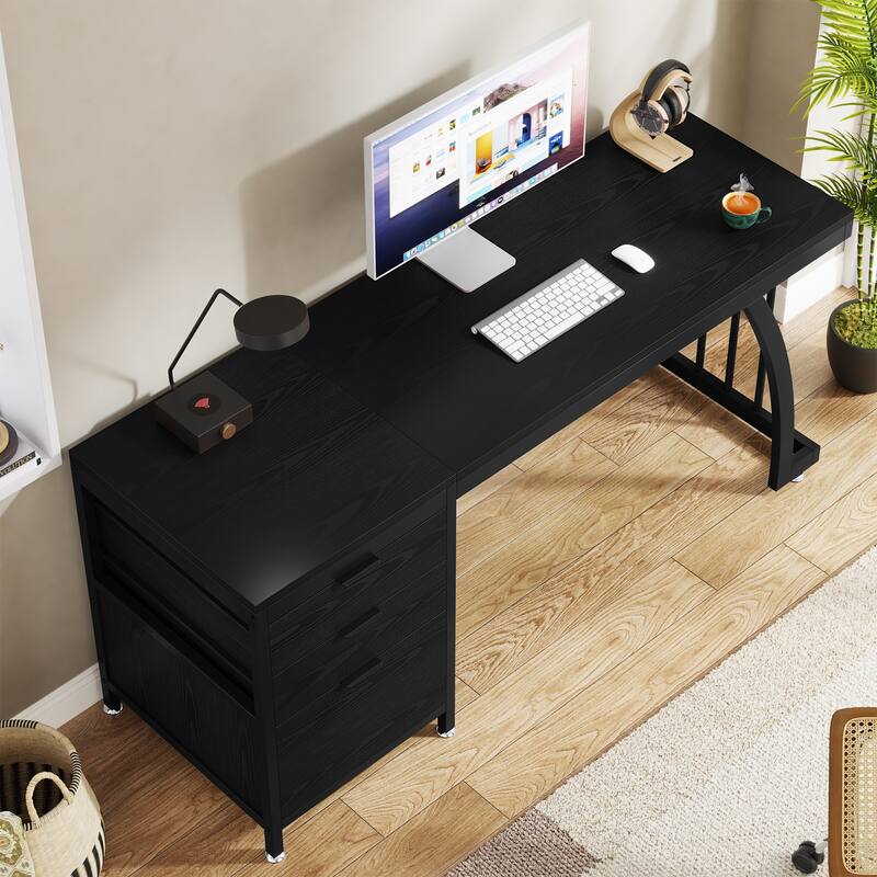 59 inch Reversible Computer Desk with 3 Drawer Cabinet, Industrial Study Writing Table Workstation for Home Office Bedroom
