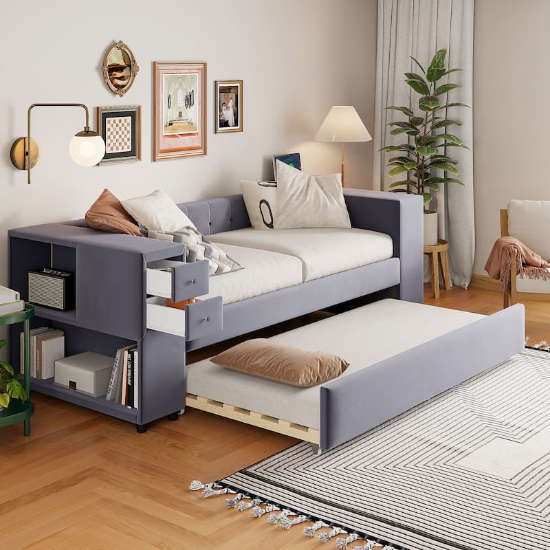 Twin Size Velvet Platform Bed with Pull-Out Trundle, USB Charging Port, Side Drawers And Built-in Storage - Gray