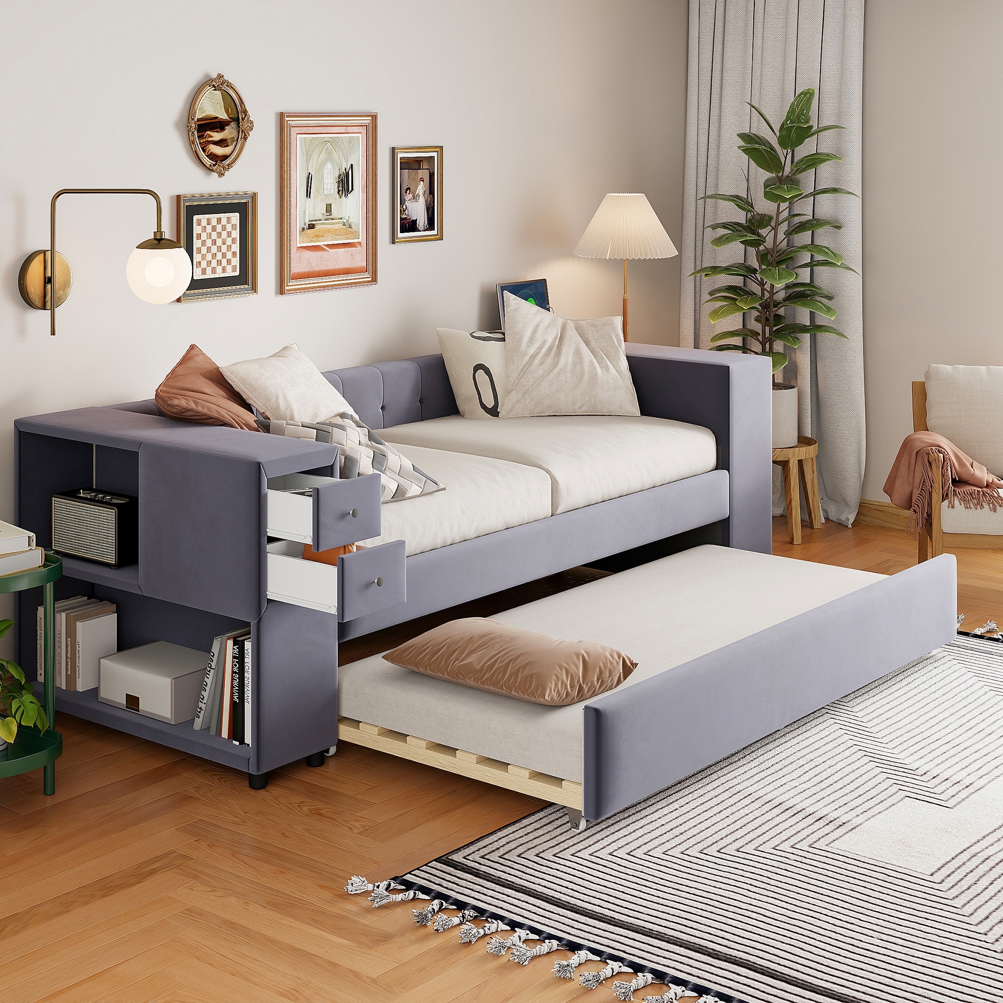 Twin Size Velvet Upholstered Bed with Storage and Twin Trundle,USB Charging Ports