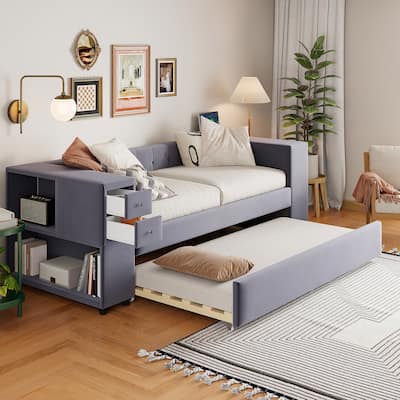 Twin Size Velvet Upholstered Platform Bed with Trundle, Storage Drawers, and USB Charging Port, Space-Saving Bed Frame