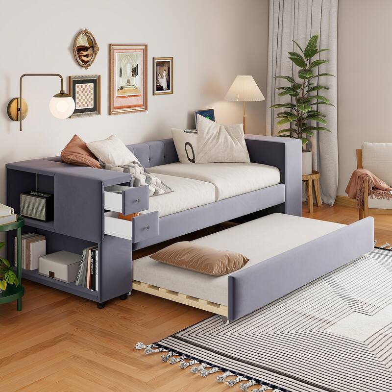 Twin Velvet Upholstered Platform Bed with Trundle, USB Charging, Storage Drawers, Beige/Gray - Grey - Twin