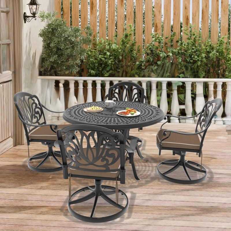 5-Piece Aluminum Round Outdoor Patio Dining Set, 4 Cushioned Swivel Chairs, Table, All-Weather Frames