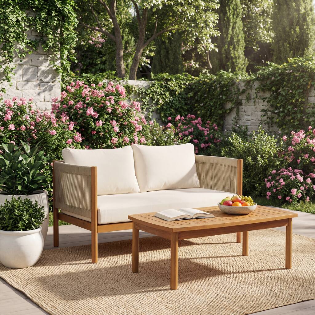 Christopher Knight Home - 2-Piece Outdoor Acacia Wood Loveseat and Coffee Table Set with Rope Panels and Cushions