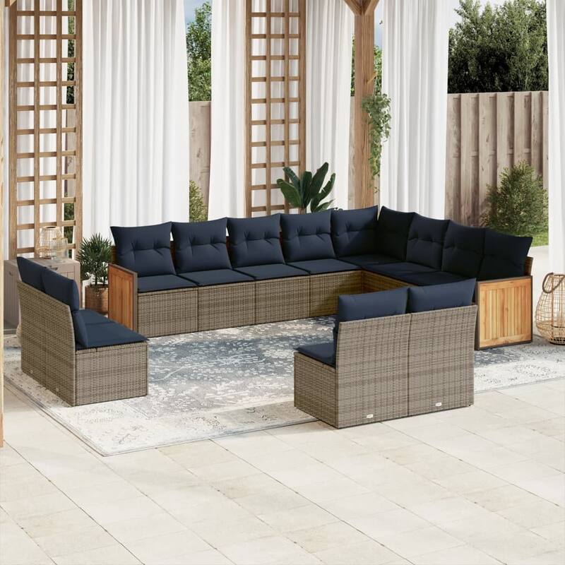 vidaXL 12/13 Piece Patio Sofa Set with Cushions Black/Gray Poly Rattan - 21.7 x 24.4 x 27.2 - Gray Without table