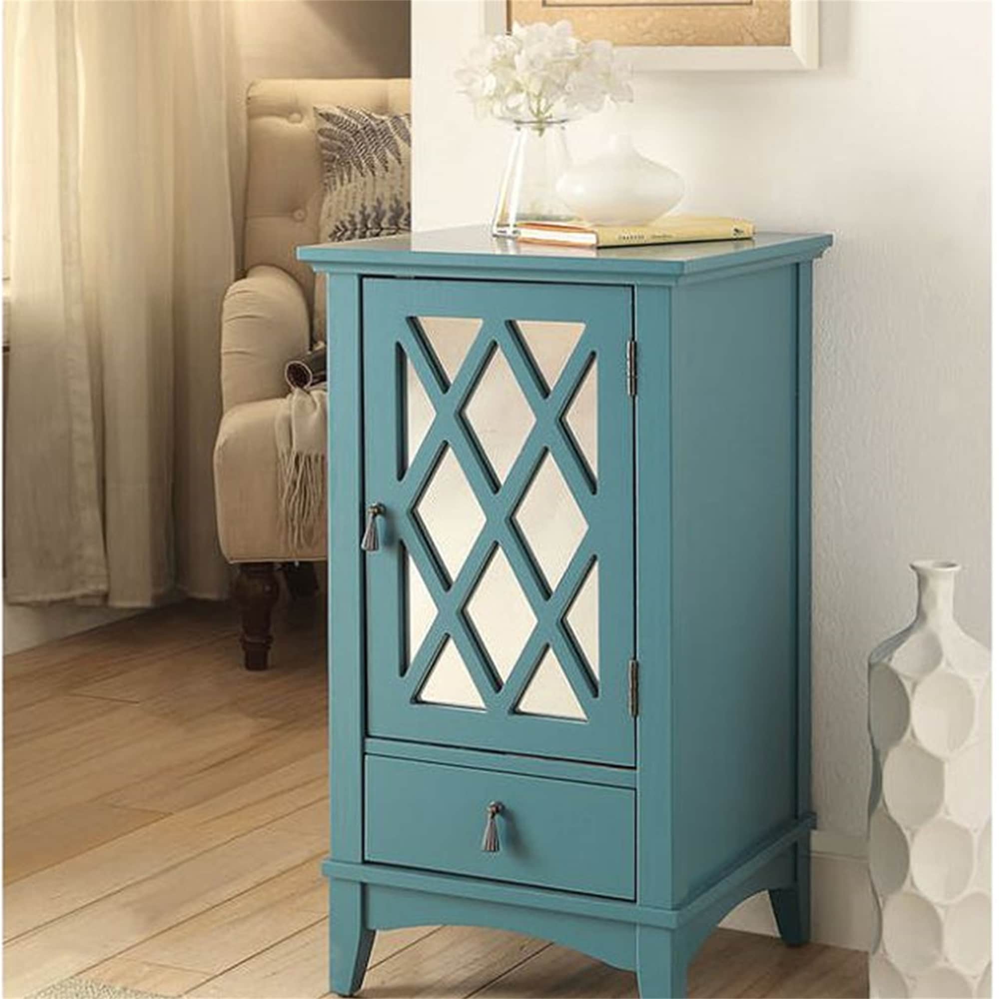 Side Table, Cabinet with Fretwork Design Mirror Door, Nightstand