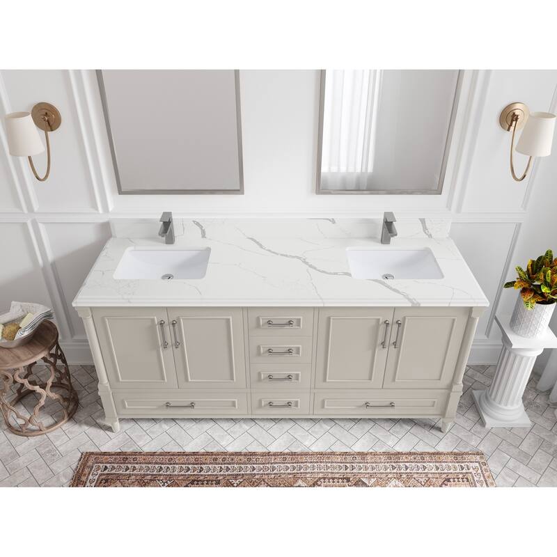 Willow Collections 72 in. W x 22 in. D Aberdeen Double Sink Bathroom Vanity with Countertops - 1.5" Calacatta Laza - Fine Grain