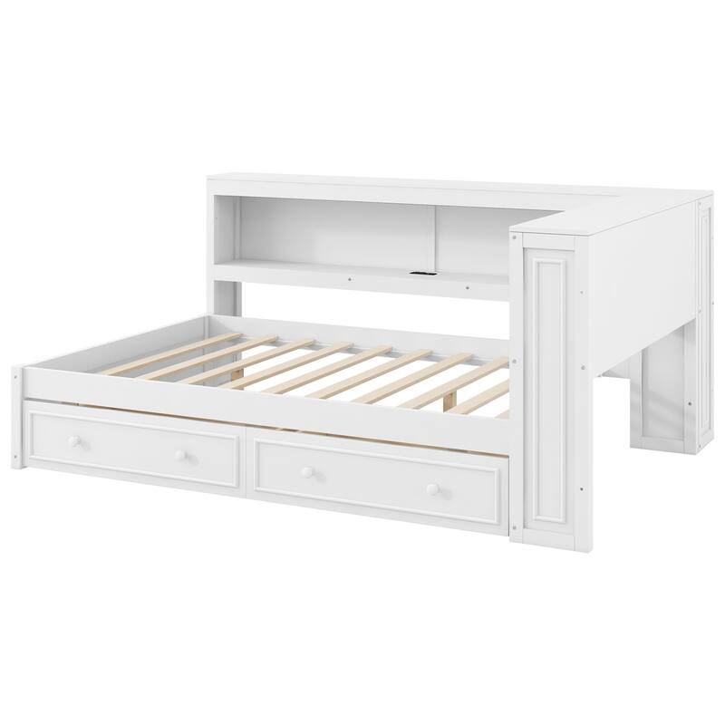 GDFStudio - Modern Wooden Full Size Daybed with Storage Shelves, Drawers, USB and LED