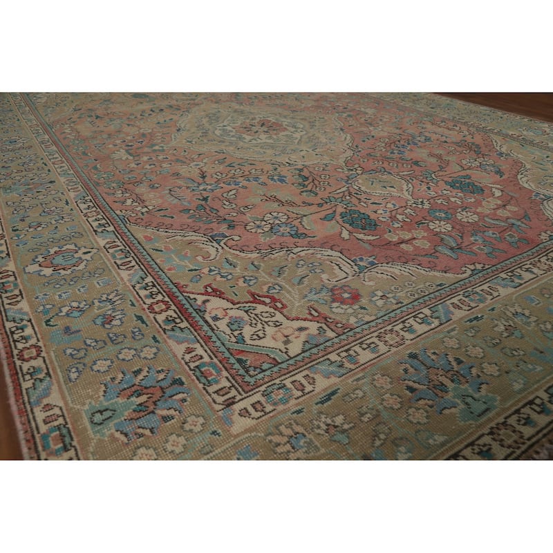 Hand Knotted Oriental 100% Wool Carpet Traditional Floral Pink Tabriz Area Rug - 9' 2'' X 6' 6''