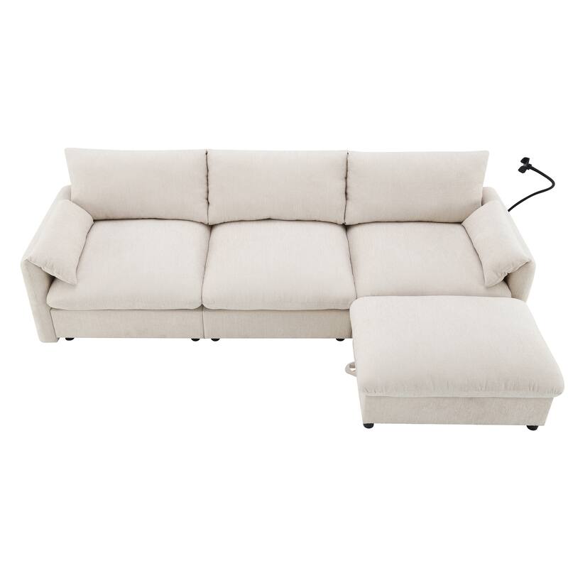 L-Shaped Chenille Sectional Sofa with Storage Ottoman, Lounge Sofa with Adjustable Phone Holder, Side Pockets & USB Charger Port