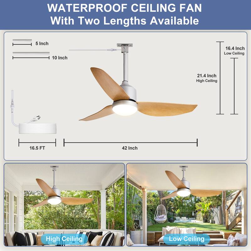 Outdoor Ceiling Fan with Light: 42-52 Inch Hanging - Plug in Waterproof Fans for Patio - Dimmable Remote App Control Black