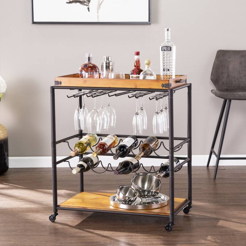 Mobile Kitchen Bar Cart with Solid Wood Surface and Metal Frame Wine Storage and Removable Tray - 32.5"H x 28"W x 16"D