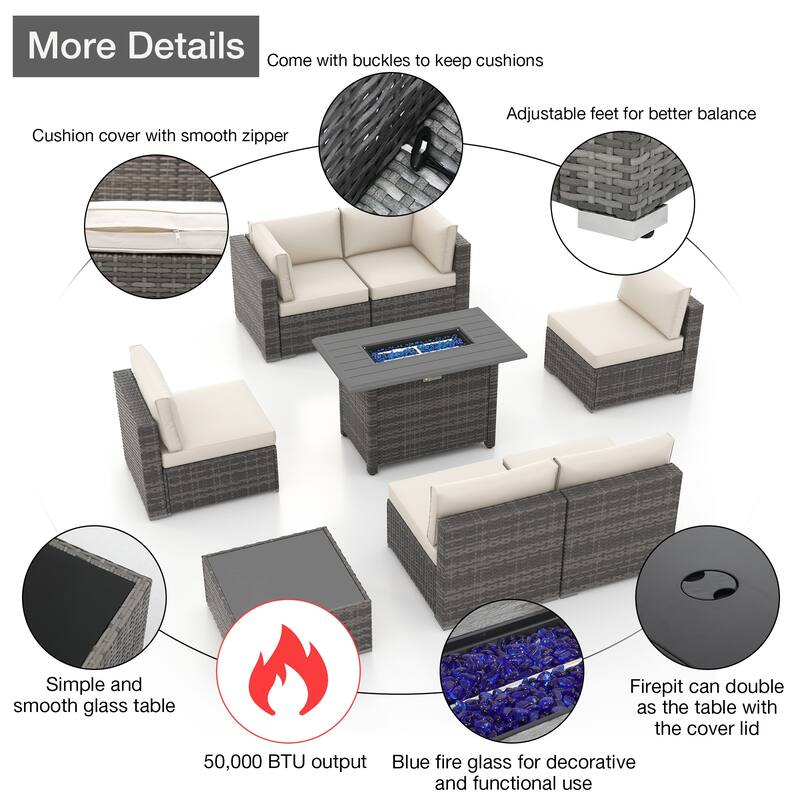 Outdoor 8 Pieces Sectional Wicker Sofa Set with Fire Pit