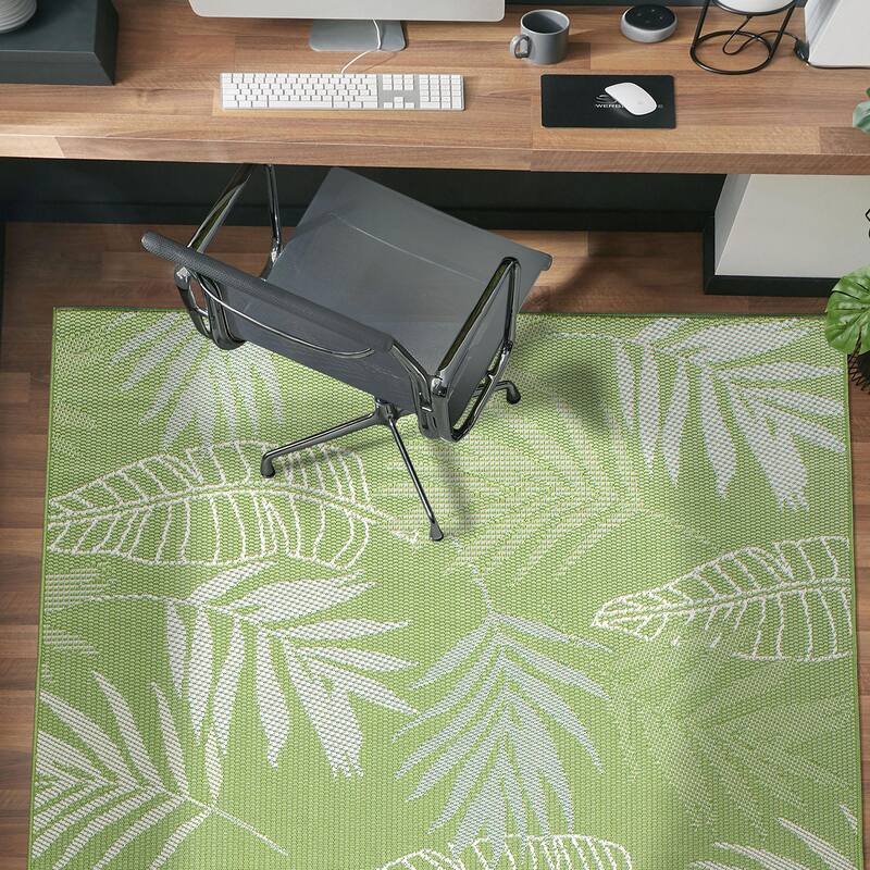 Contemporary Floral Leaves Indoor/Outdoor Flatweave Waterproof Backyard Patio Area Rug