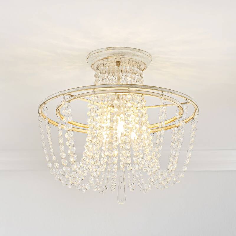 3-Light 17.32" Vintage Antique White Circle Round Crystal Semi-Flush Mount Light - 17.32 in. W x 16.14 in. H