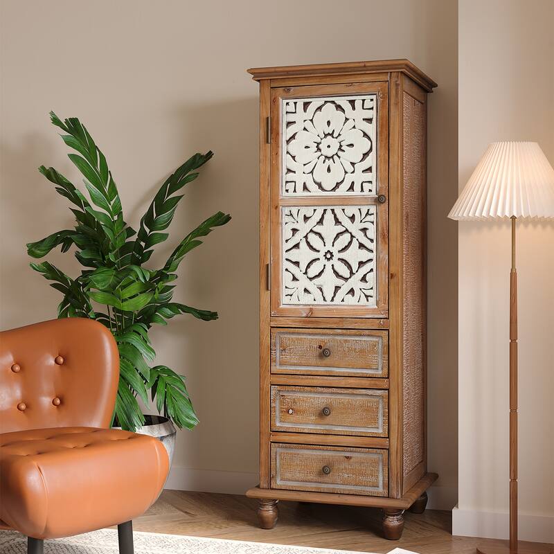 Rustic Wooden Storage Cabinet with Decorative Cutout Door & 3 Drawers, Tall Narrow Organizer for Living Room, Bedroom