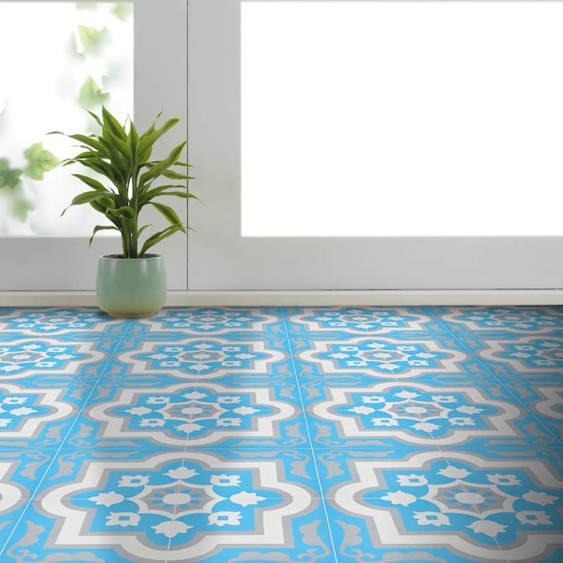Taza Handmade Cement Tile, 8x8, Blues/Grey