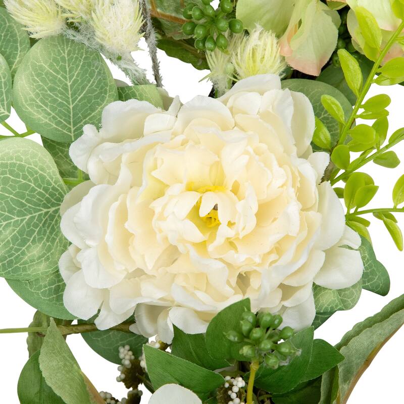 Hydrangea and Ranunculus Artificial Floral Eucalyptus Wreath - 23" - Cream and Green